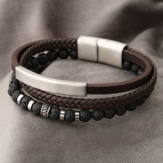 Lava Brown Genuine Leather Silver Stainless Steel Bracelet L1133