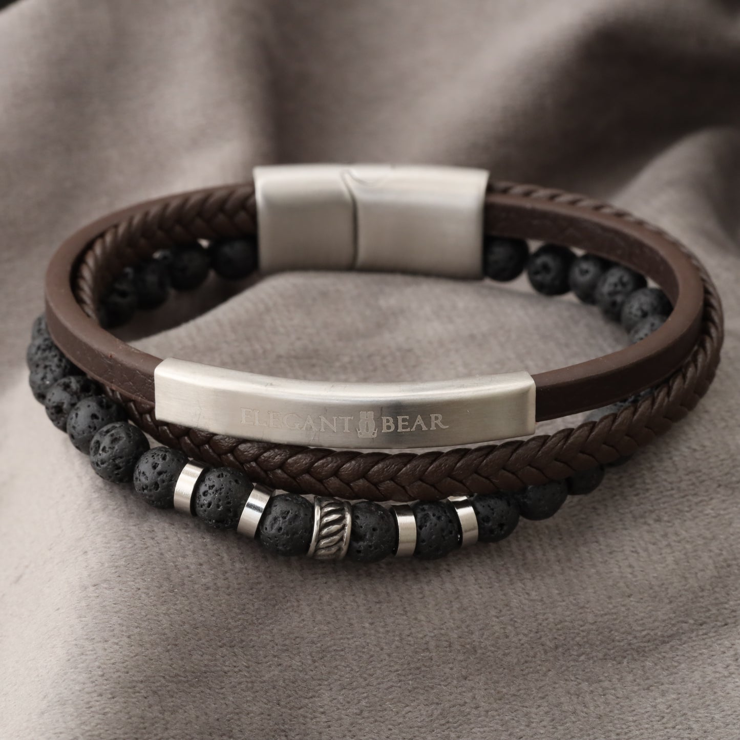 Lava Brown Genuine Leather Silver Stainless Steel Bracelet L1133