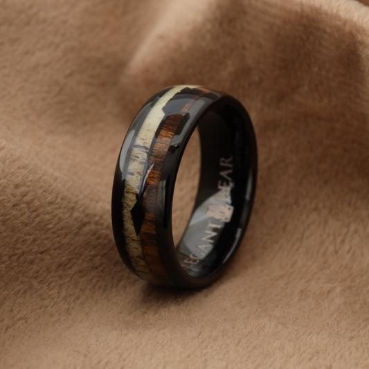 Black Tungsten Ring with Deer Antler & Koa Wood - Forest Arrow Design - 8mm - A101