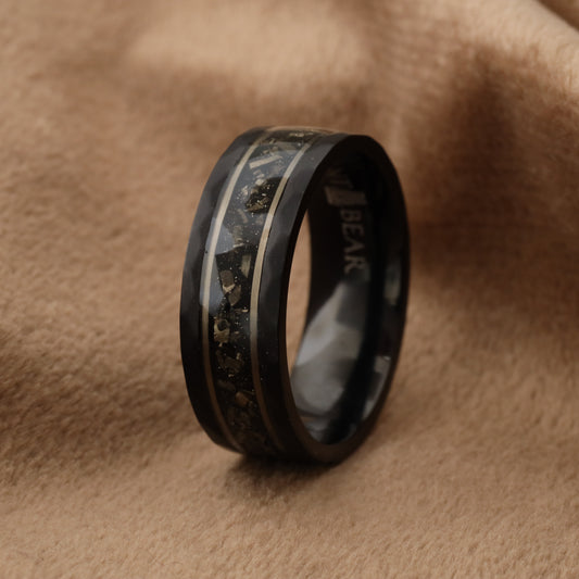 Black Matte Titanium Ring Hammered Edges with Crushed Meteorite & Silver Leaf - 8mm - A329