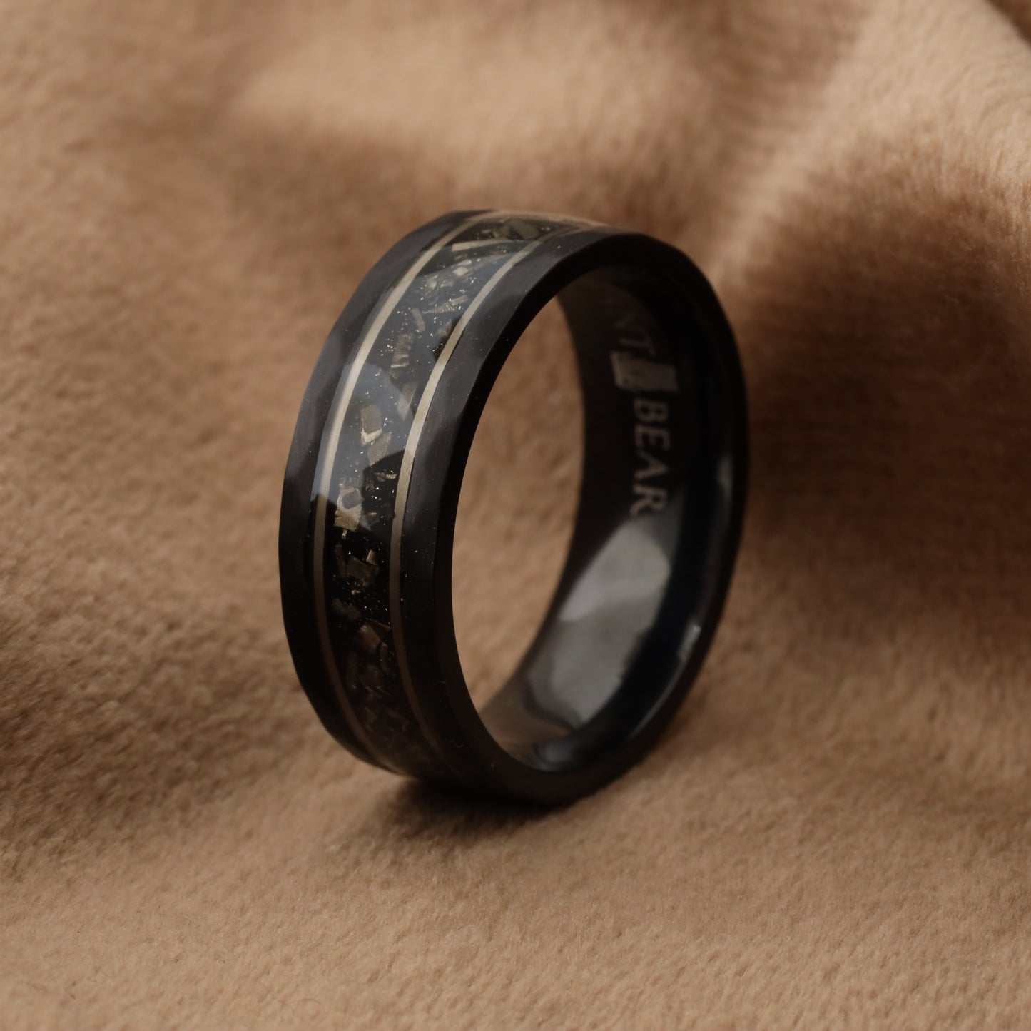 Black Matte Titanium Ring Hammered Edges with Crushed Meteorite & Silver Leaf - 8mm - A329