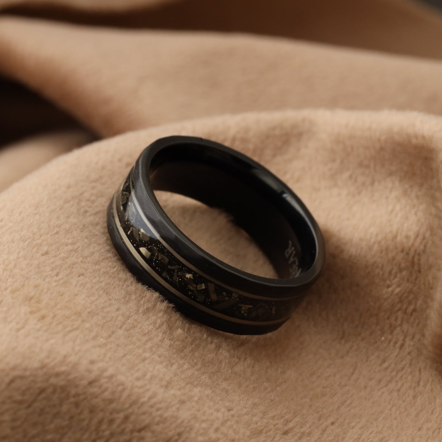 Black Matte Titanium Ring Hammered Edges with Crushed Meteorite & Silver Leaf - 8mm - A329