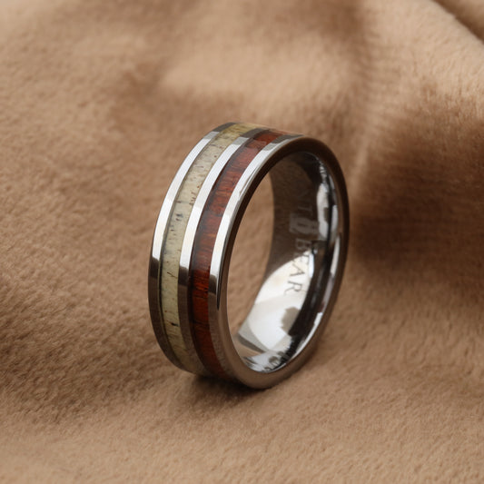 Tungsten Ring Inlaid with Natural Koa Wood and Deer Ivory - A109