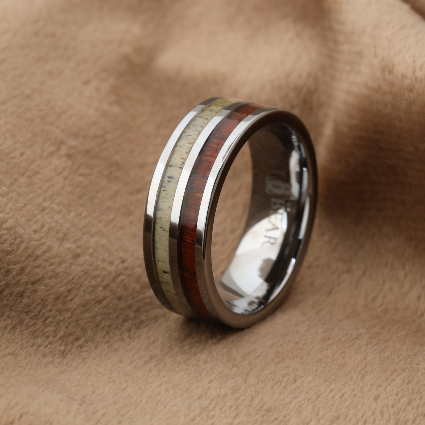 Tungsten Ring Inlaid with Natural Koa Wood and Deer Ivory - A109