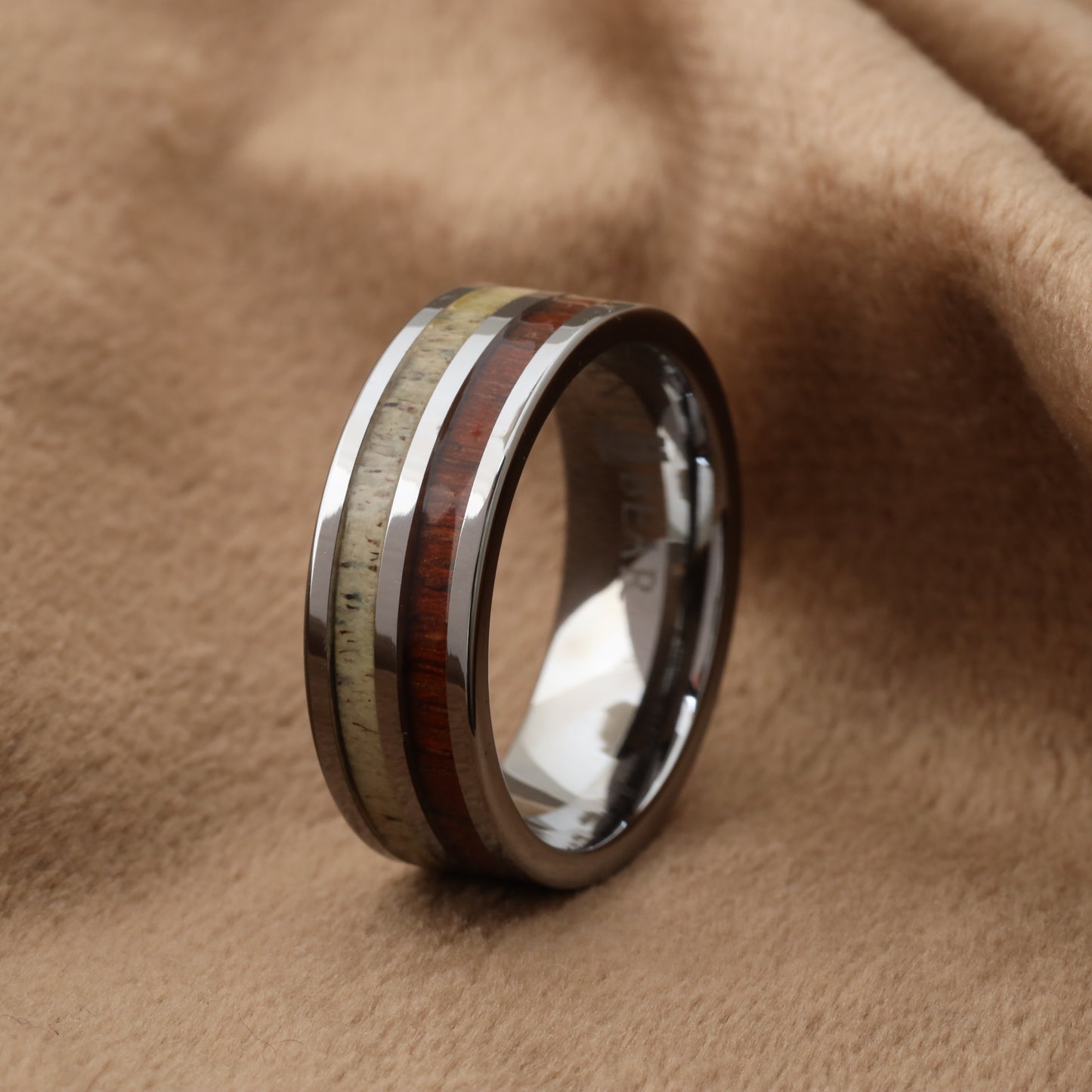Tungsten Ring Inlaid with Natural Koa Wood and Deer Ivory - A109
