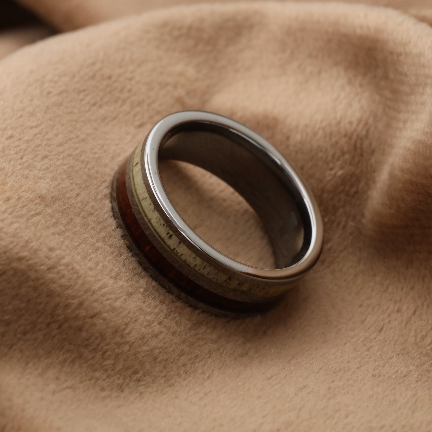 Tungsten Ring Inlaid with Natural Koa Wood and Deer Ivory - A109