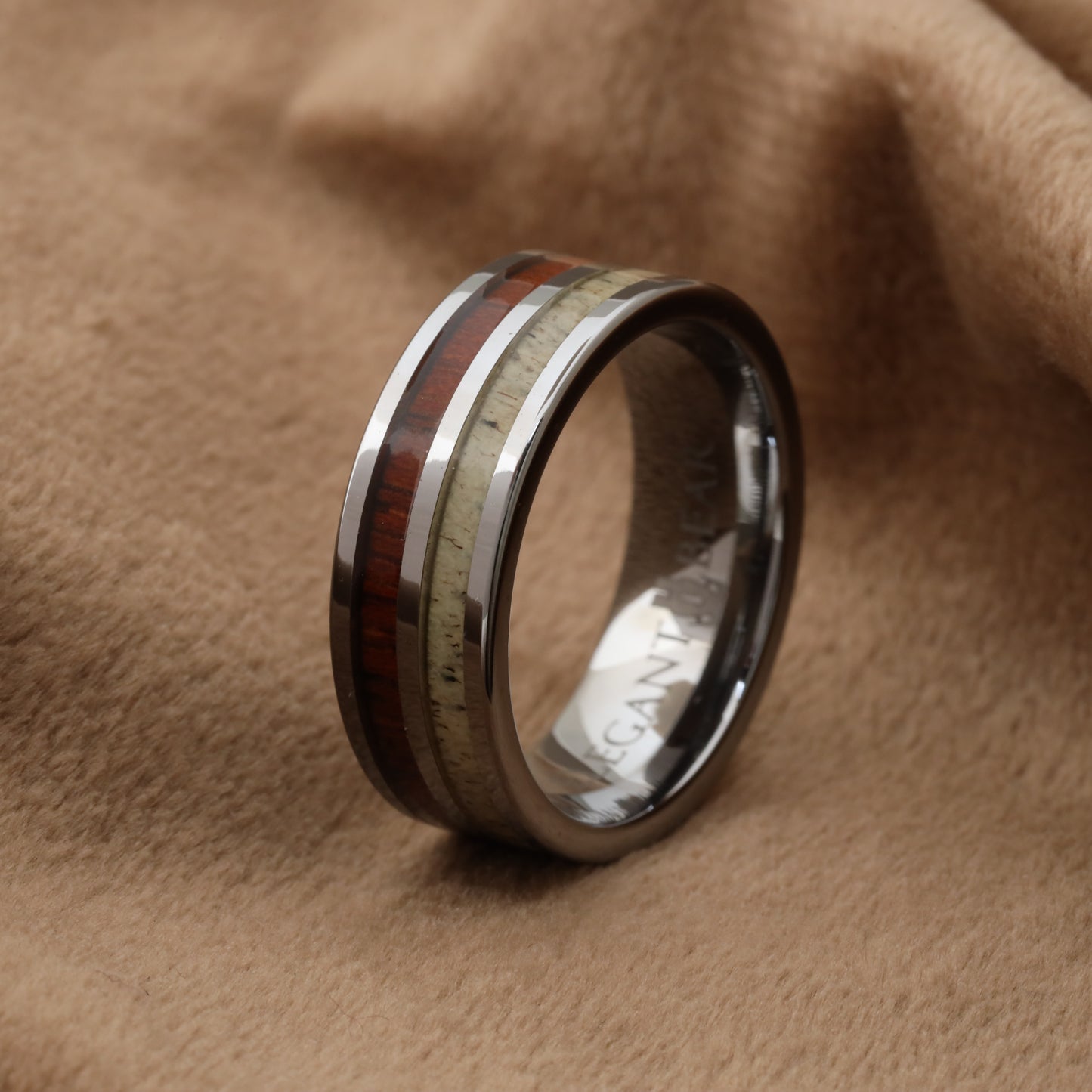 Tungsten Ring Inlaid with Natural Koa Wood and Deer Ivory - A109