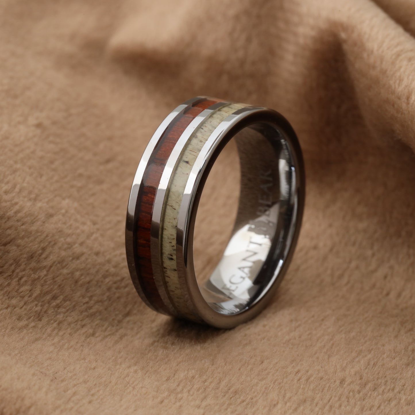 Tungsten Ring Inlaid with Natural Koa Wood and Deer Ivory - A109