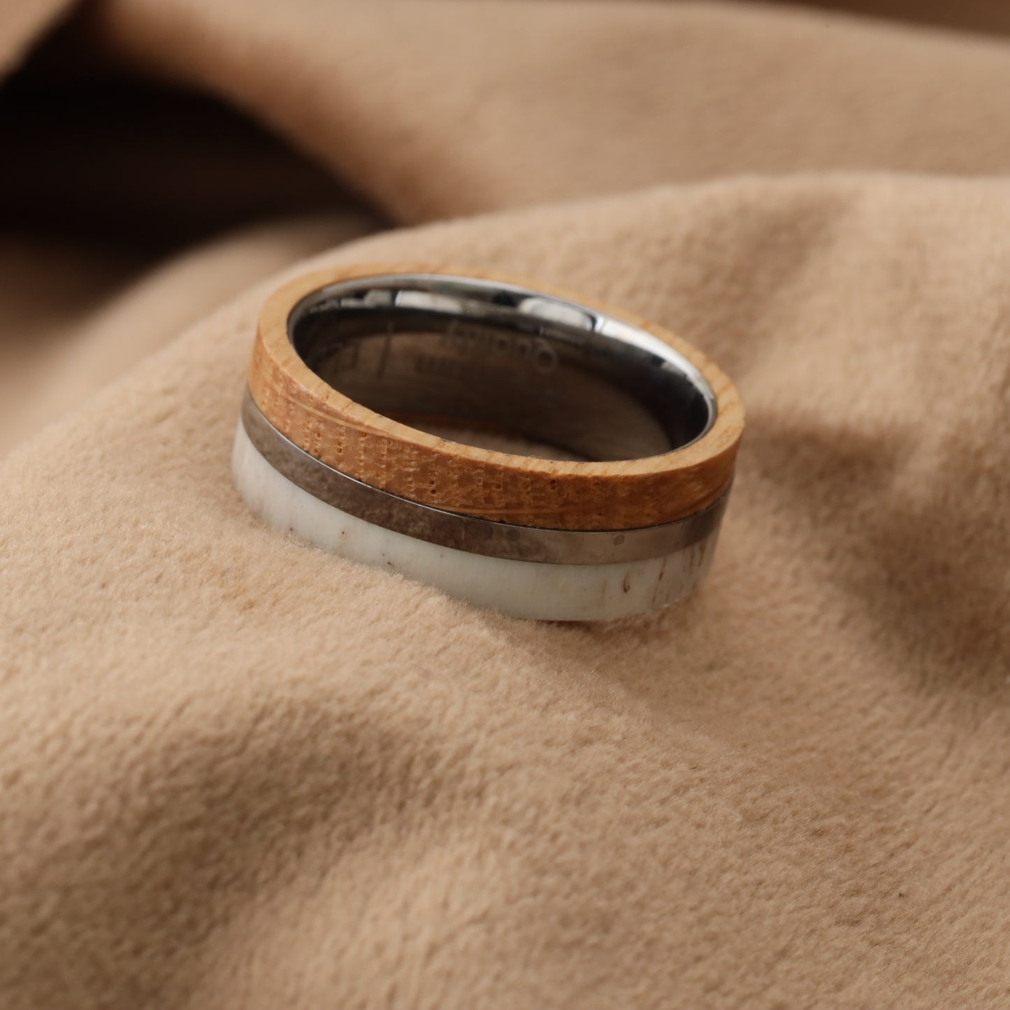 A157 Tungsten Ring with Oak Wood & Natural Antler - Dual Inlay Design