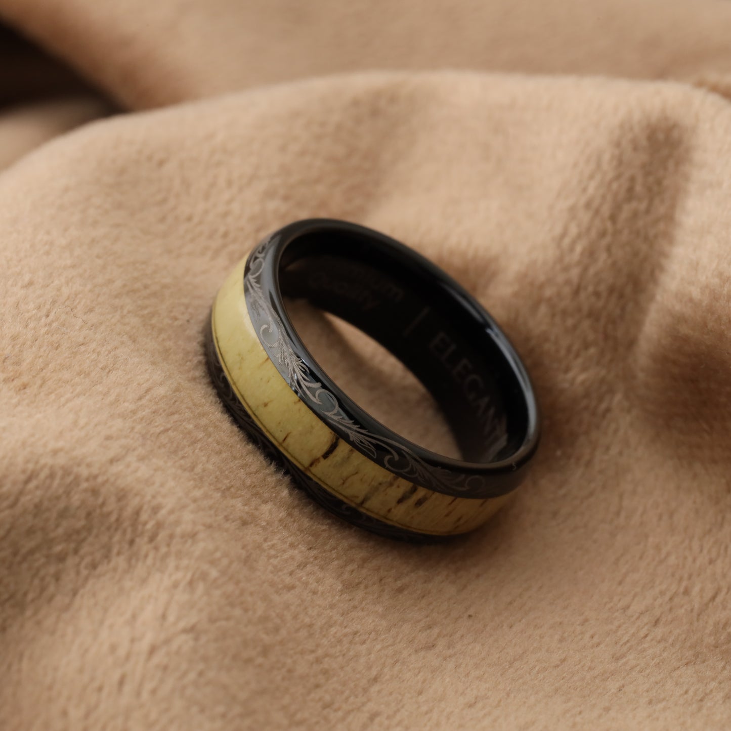 A110 Black Tungsten Carbide Ring with Deer Antler and Laser Engravings