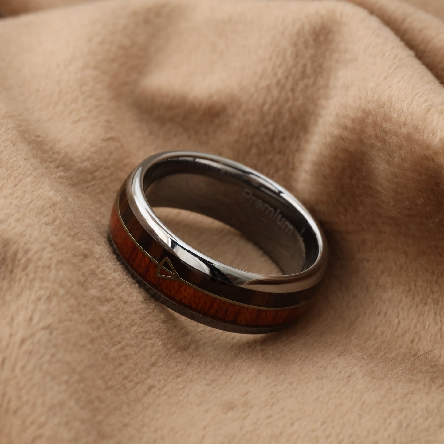 Tungsten Ring with Natural Koa Wood and Silver Arrow Inlay - A118