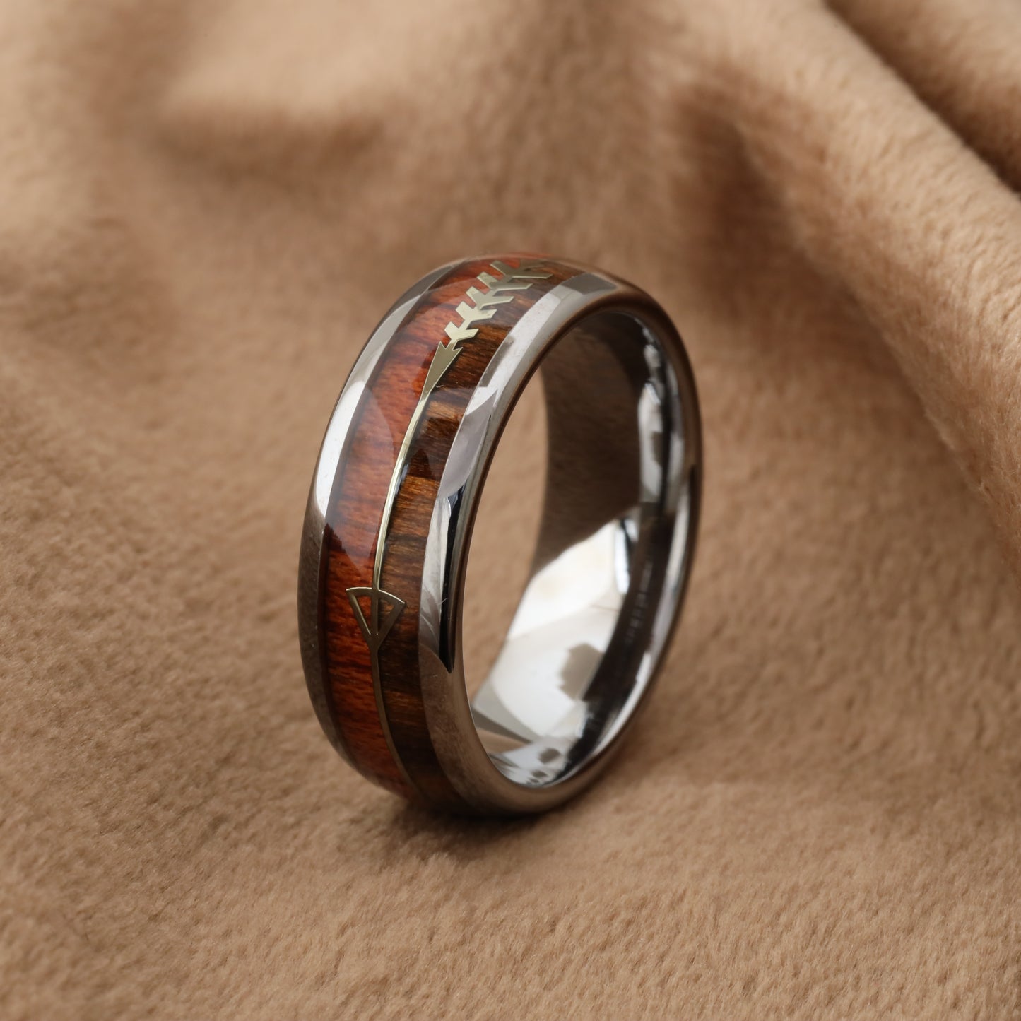 Tungsten Ring with Natural Koa Wood and Silver Arrow Inlay - A118