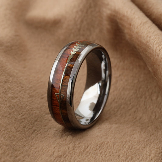 Tungsten Ring with Natural Koa Wood and Silver Arrow Inlay - A118