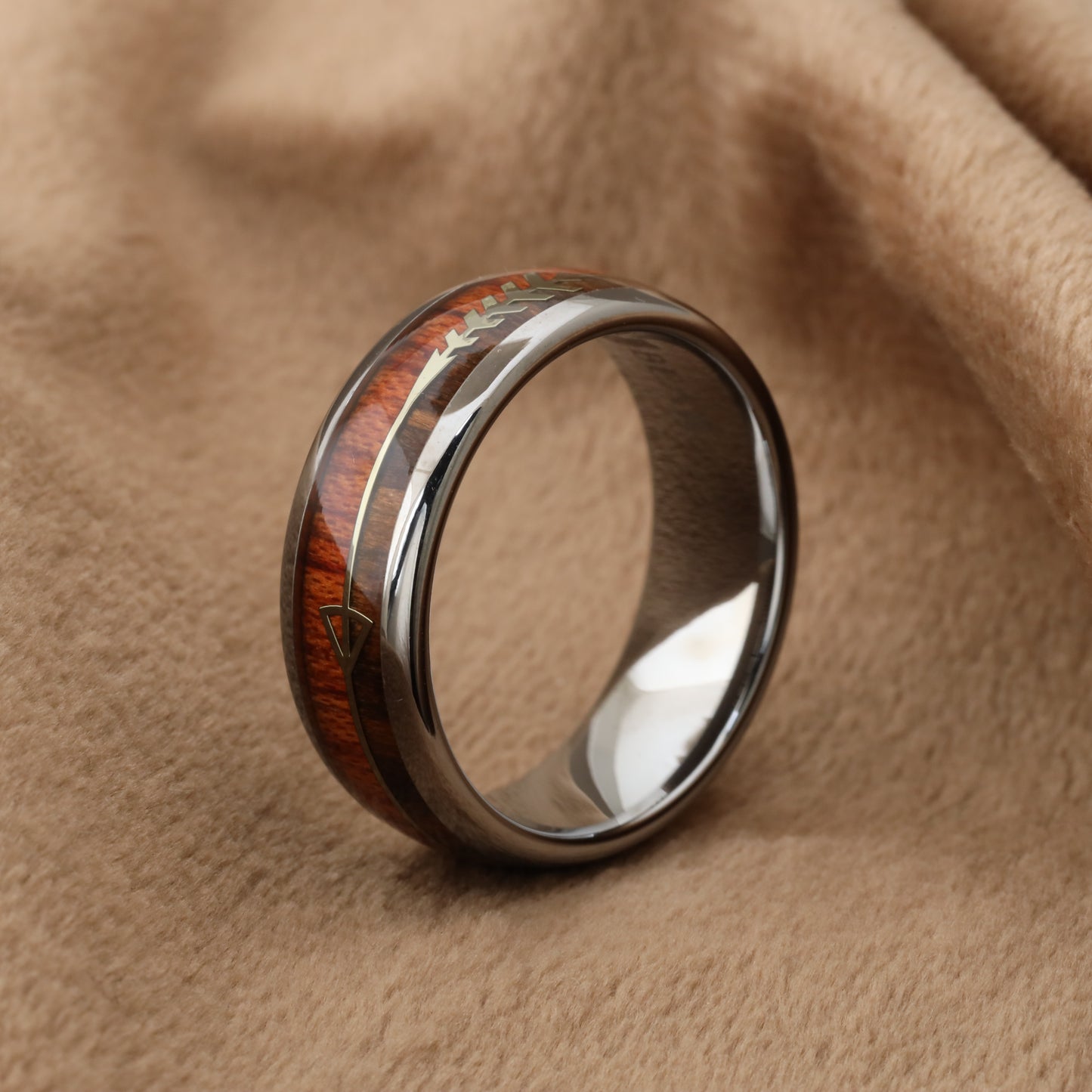 Tungsten Ring with Natural Koa Wood and Silver Arrow Inlay - A118