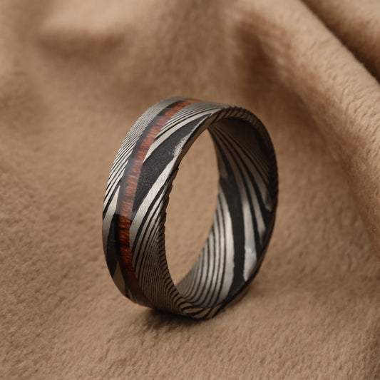 Damascus Steel & Koa Wood Ring A122