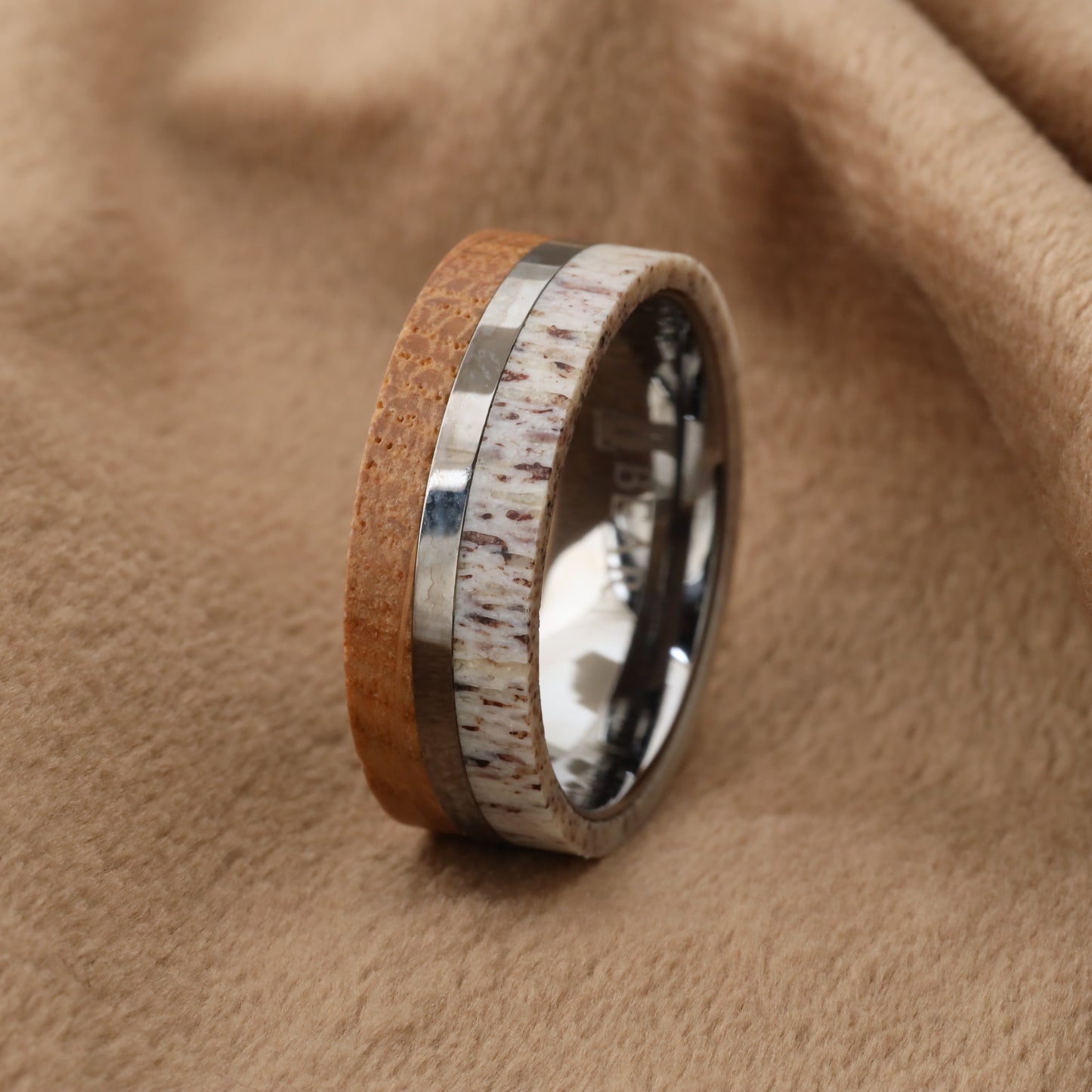 A157 Tungsten Ring with Oak Wood & Natural Antler - Dual Inlay Design
