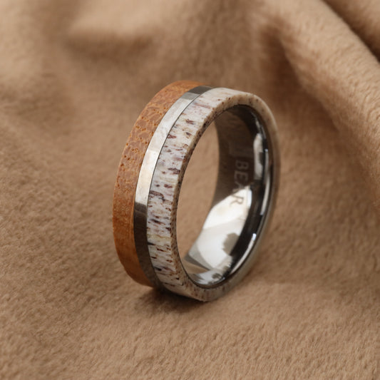A157 Tungsten Ring with Oak Wood & Natural Antler - Dual Inlay Design