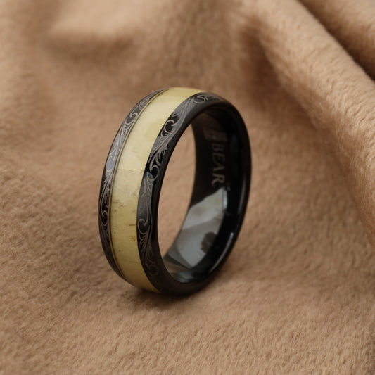 A110 Black Tungsten Carbide Ring with Deer Antler and Laser Engravings