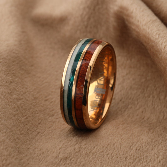 Tungsten Ring with Koa Wood, Deer Antler & Green Opal A150