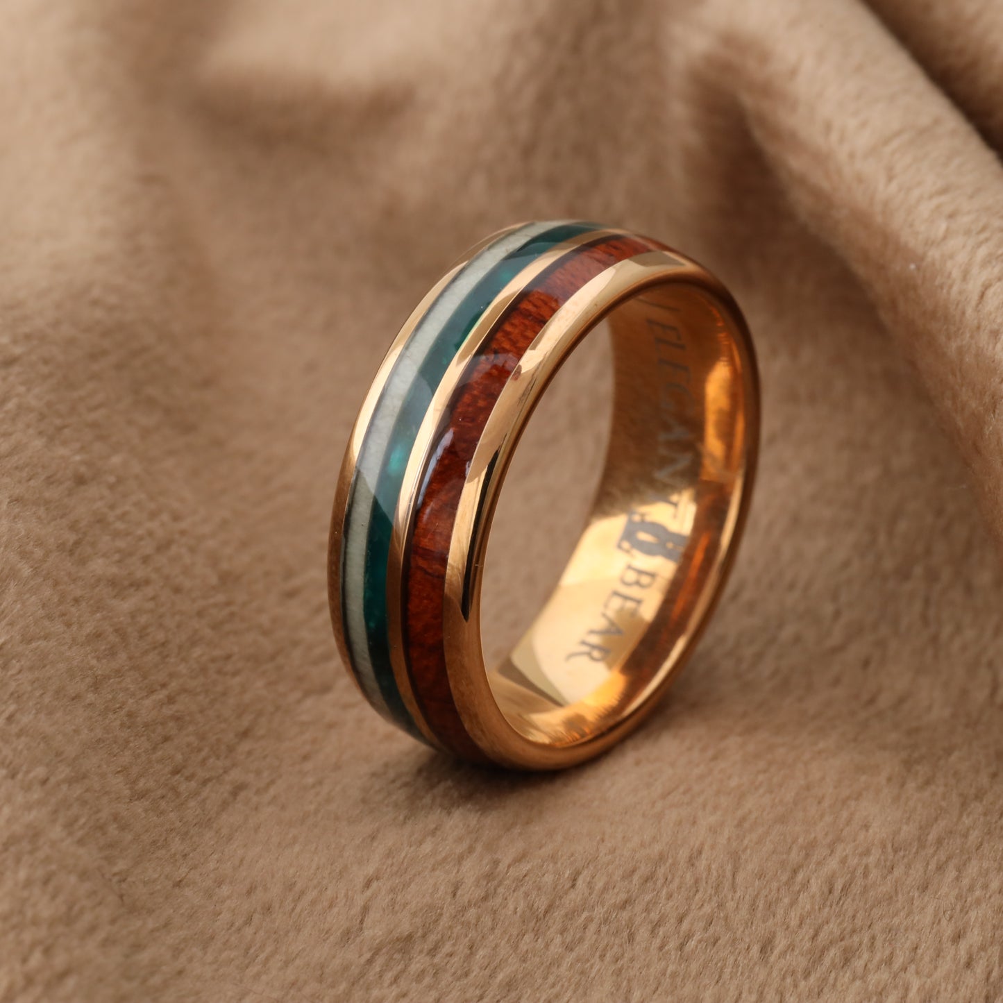 Tungsten Ring with Koa Wood, Deer Antler & Green Opal A150