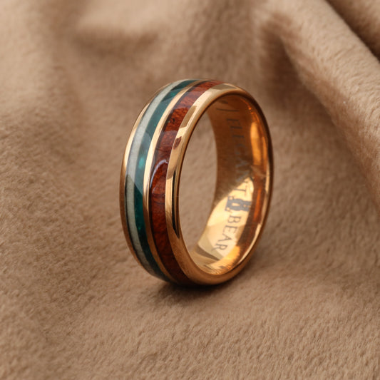 Tungsten Ring with Koa Wood, Deer Antler & Green Opal A150
