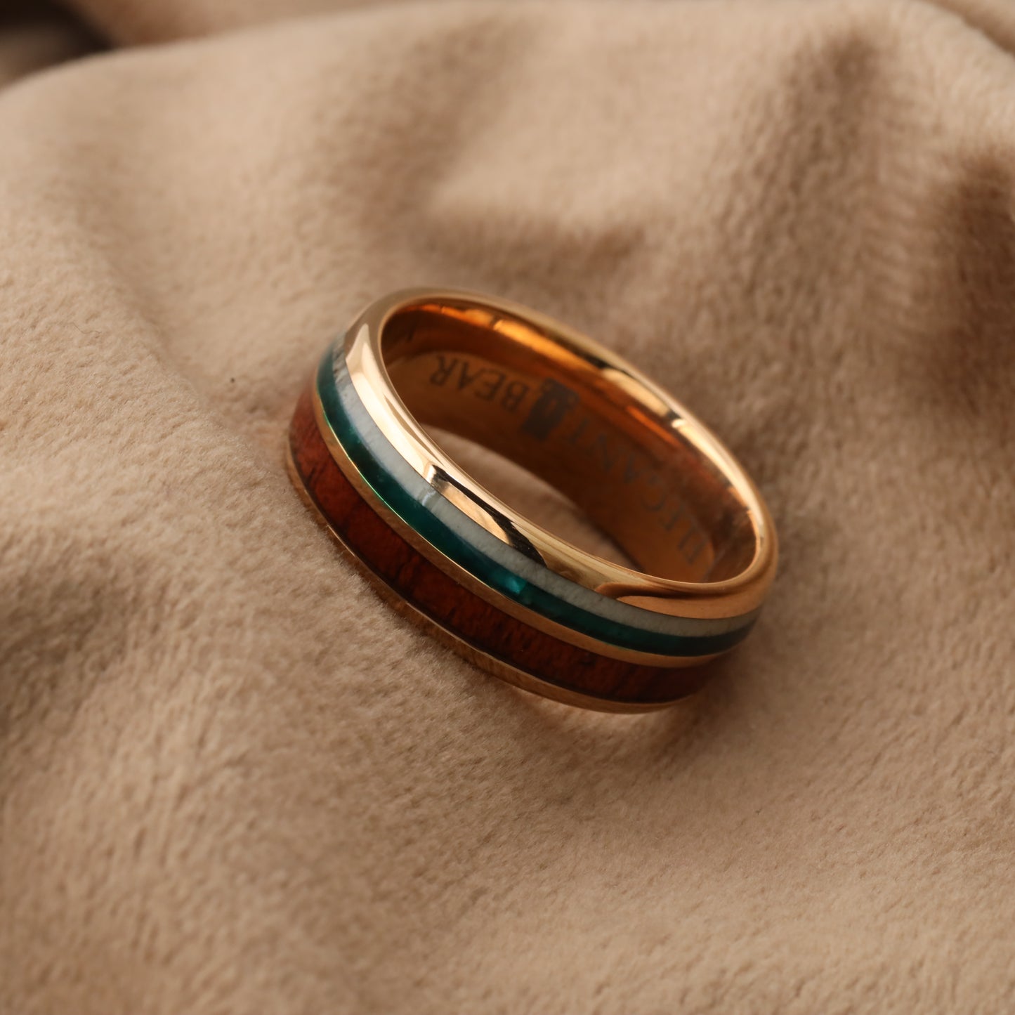 Tungsten Ring with Koa Wood, Deer Antler & Green Opal A150