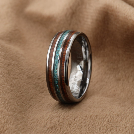 Tungsten Ring with Koa Wood & Plumahoy Wood A142