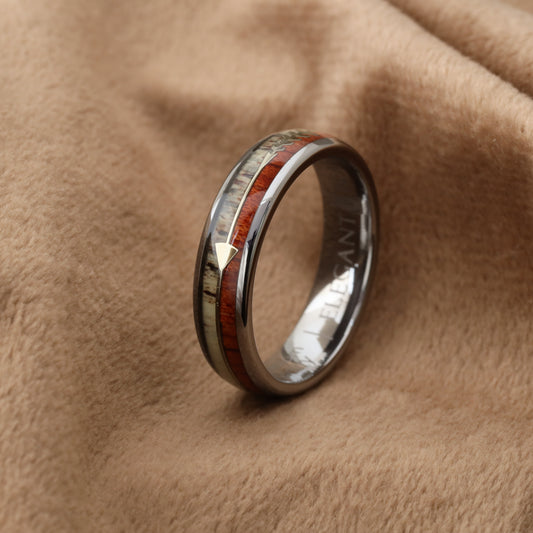 Tungsten Ring with Natural Koa Wood and Deer Antler Inlay - A115