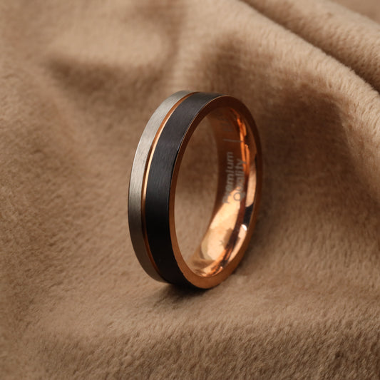 A211 Titanium Ring Silver Black Rose Gold - 6mm Width - Tri-Color Design