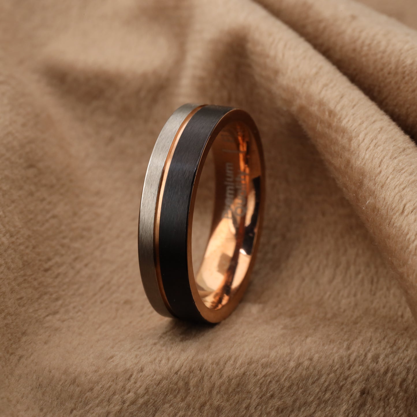 A211 Titanium Ring Silver Black Rose Gold - 6mm Width - Tri-Color Design