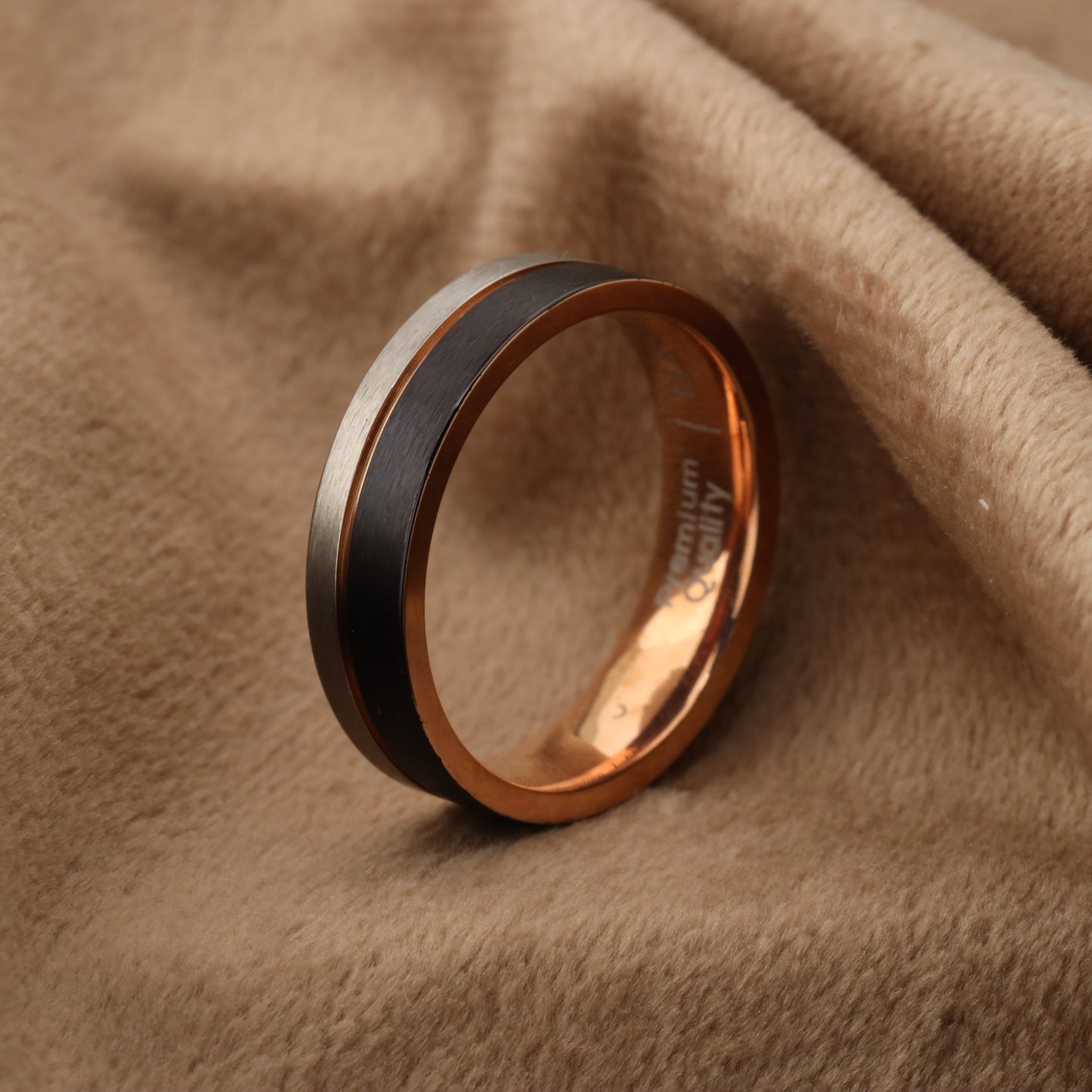 A211 Titanium Ring Silver Black Rose Gold - 6mm Width - Tri-Color Design