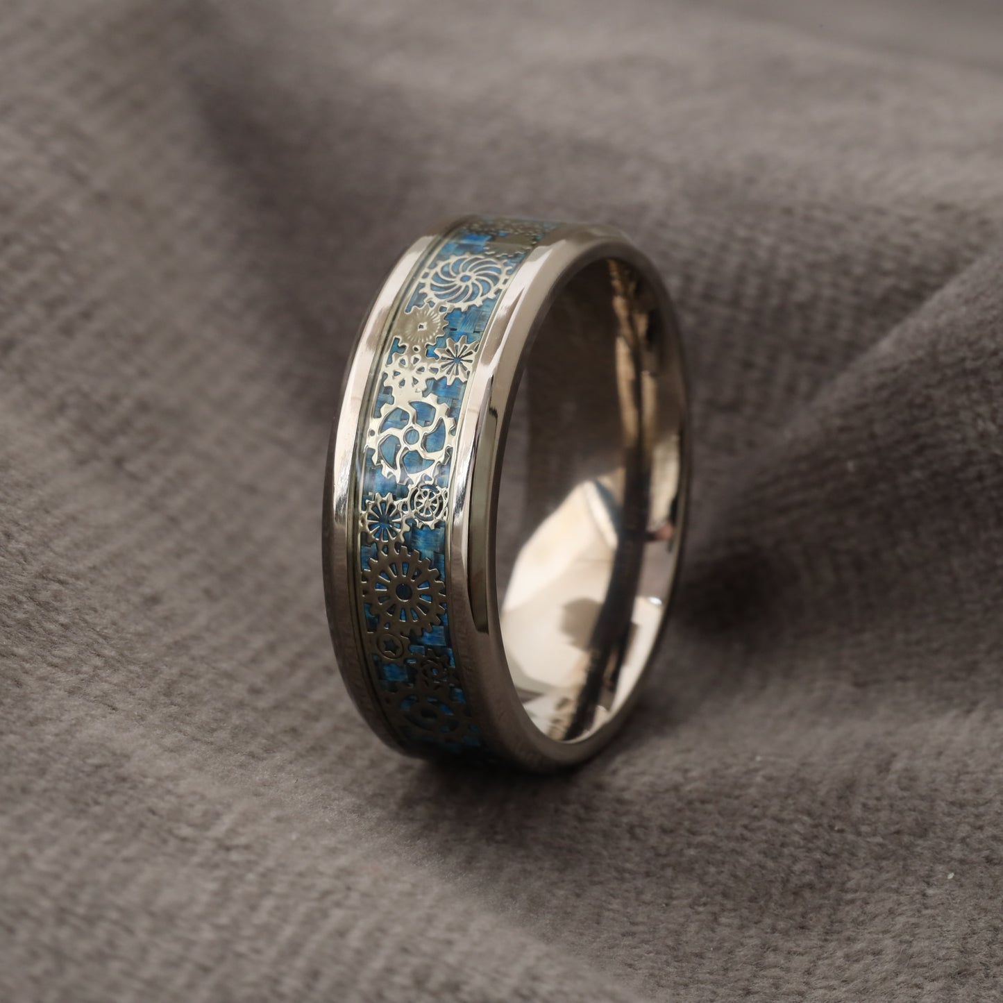 Titanium Silver Gear & Blue Carbon Fiber Ring A191