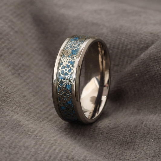 Titanium Silver Gear & Blue Carbon Fiber Ring A191