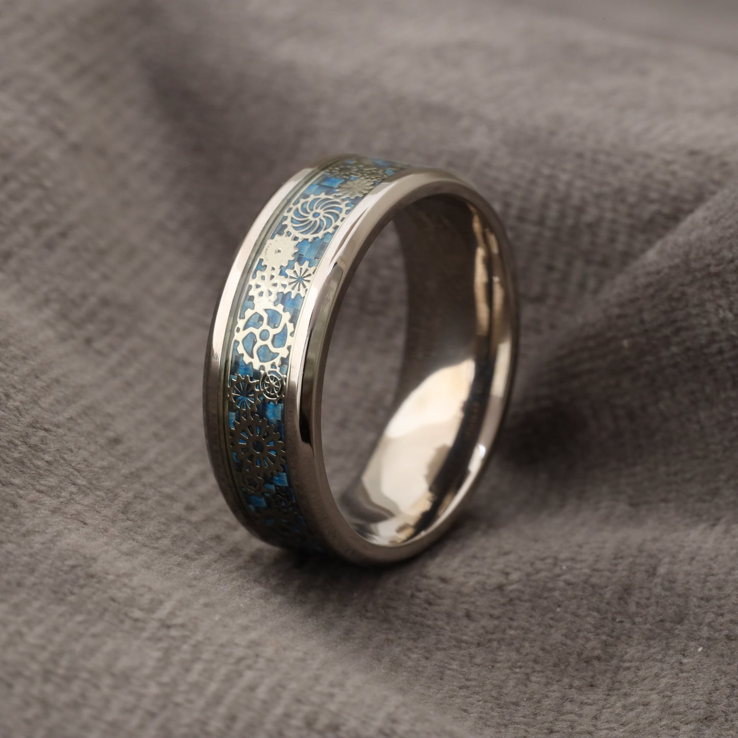 Titanium Silver Gear & Blue Carbon Fiber Ring A191