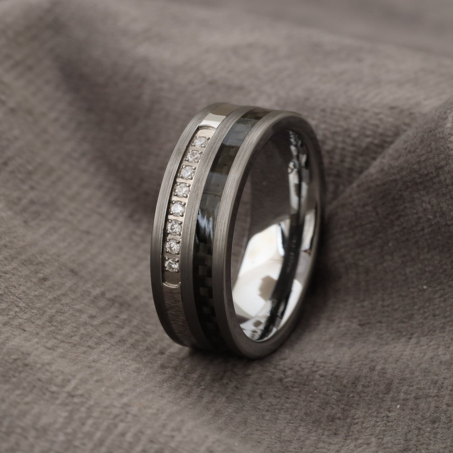 Tungsten Black Carbon Fiber & White Micro Zircon Ring A163