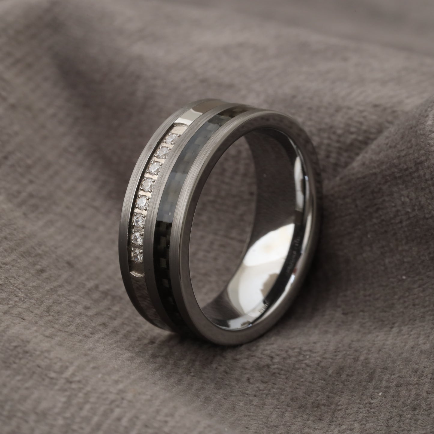 Tungsten Black Carbon Fiber & White Micro Zircon Ring A163