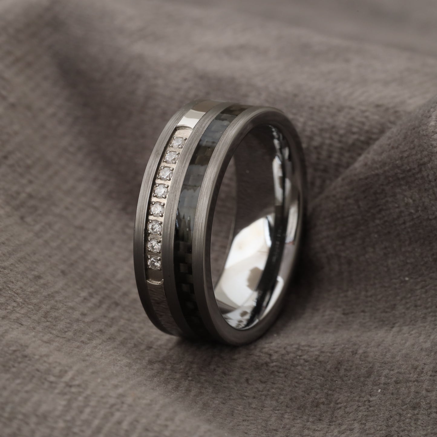 Tungsten Black Carbon Fiber & White Micro Zircon Ring A163