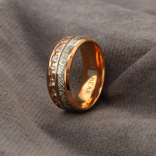 A158 Titanium Ring with White Micro Zircon & Meteorite - Luxury Crystal Design