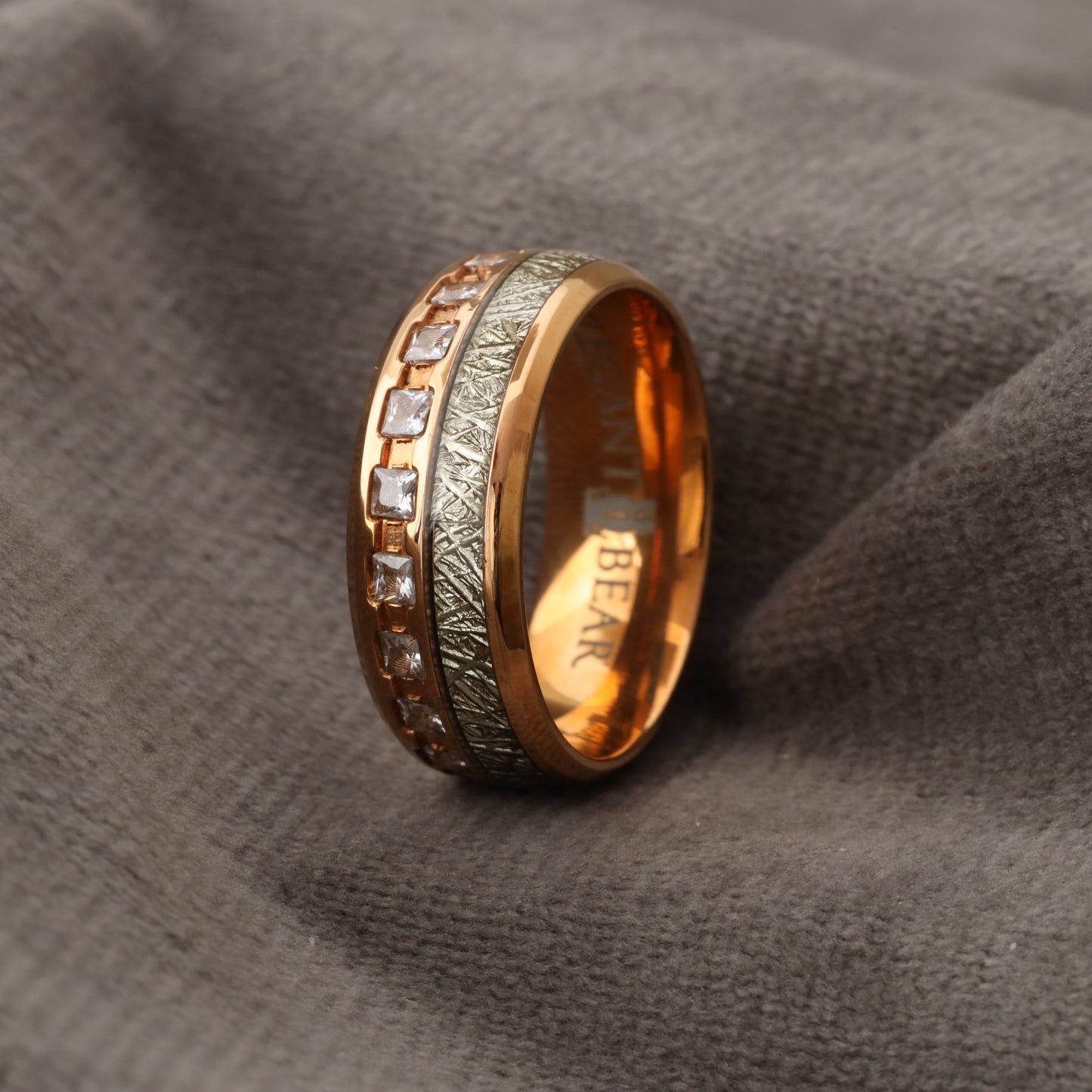 A158 Titanium Ring with White Micro Zircon & Meteorite - Luxury Crystal Design