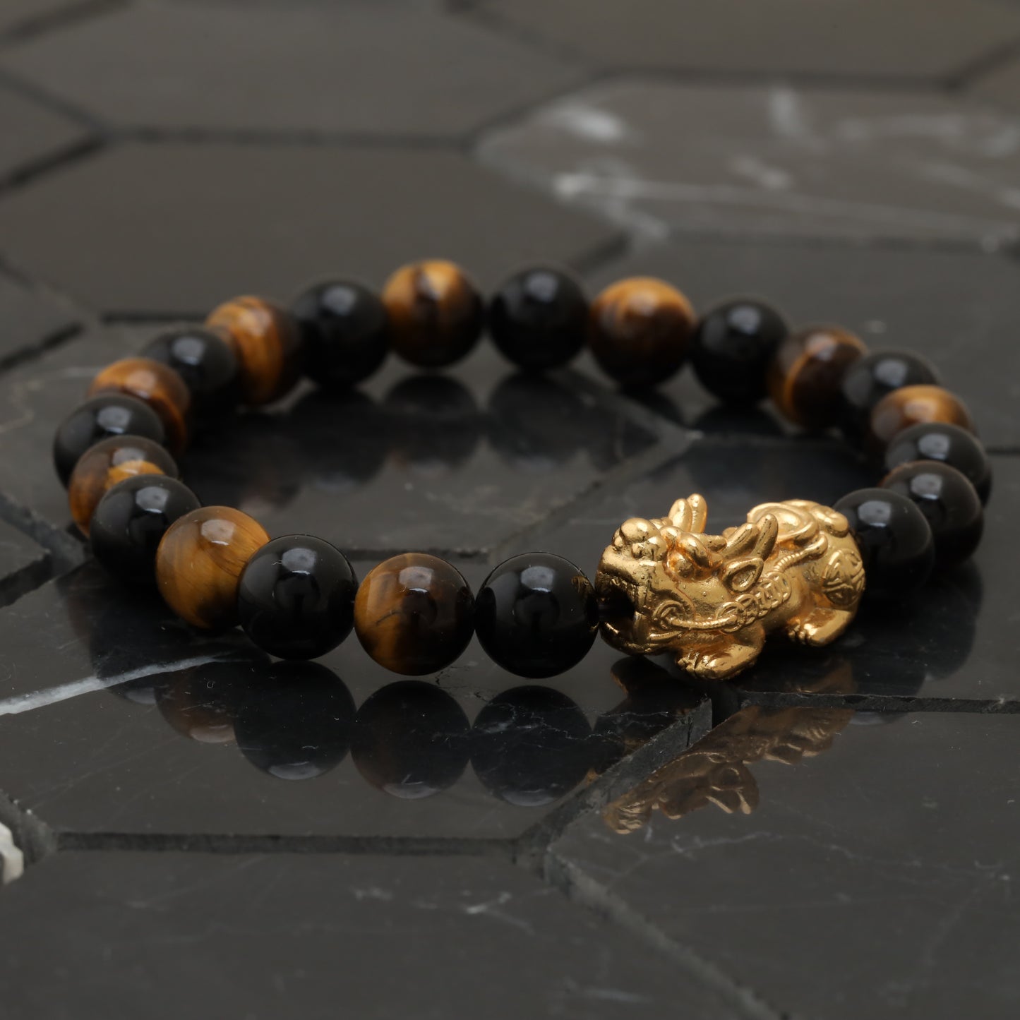 Pixiu Feng Shui Wealth Lucky Bracelet - Gold Plated 999 Sterling Silver Pixiu Dragon Toy With Highest Grade Onyx Gemstone With Brown Tiger Eye Class +AAA -- LU200