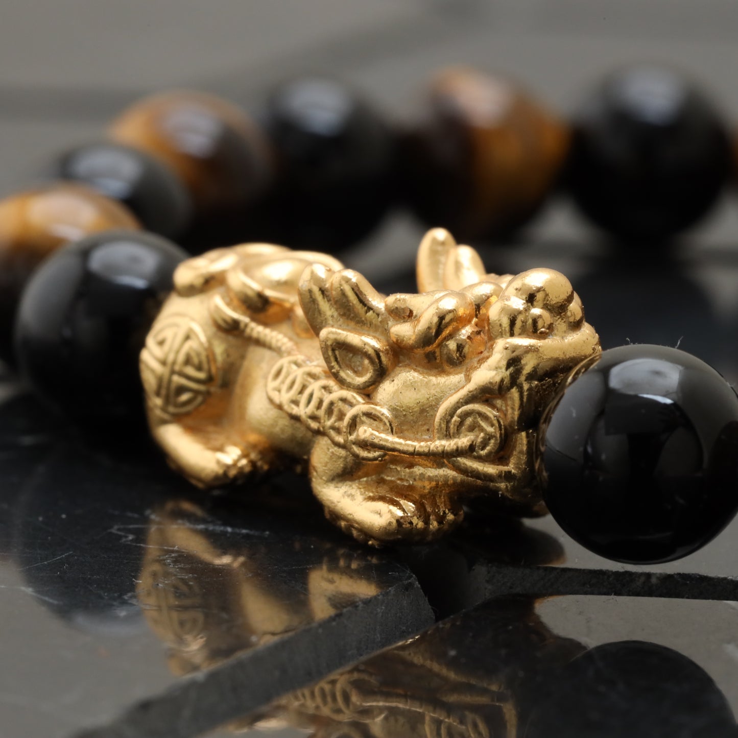 Pixiu Feng Shui Wealth Lucky Bracelet - Gold Plated 999 Sterling Silver Pixiu Dragon Toy With Highest Grade Onyx Gemstone With Brown Tiger Eye Class +AAA -- LU200