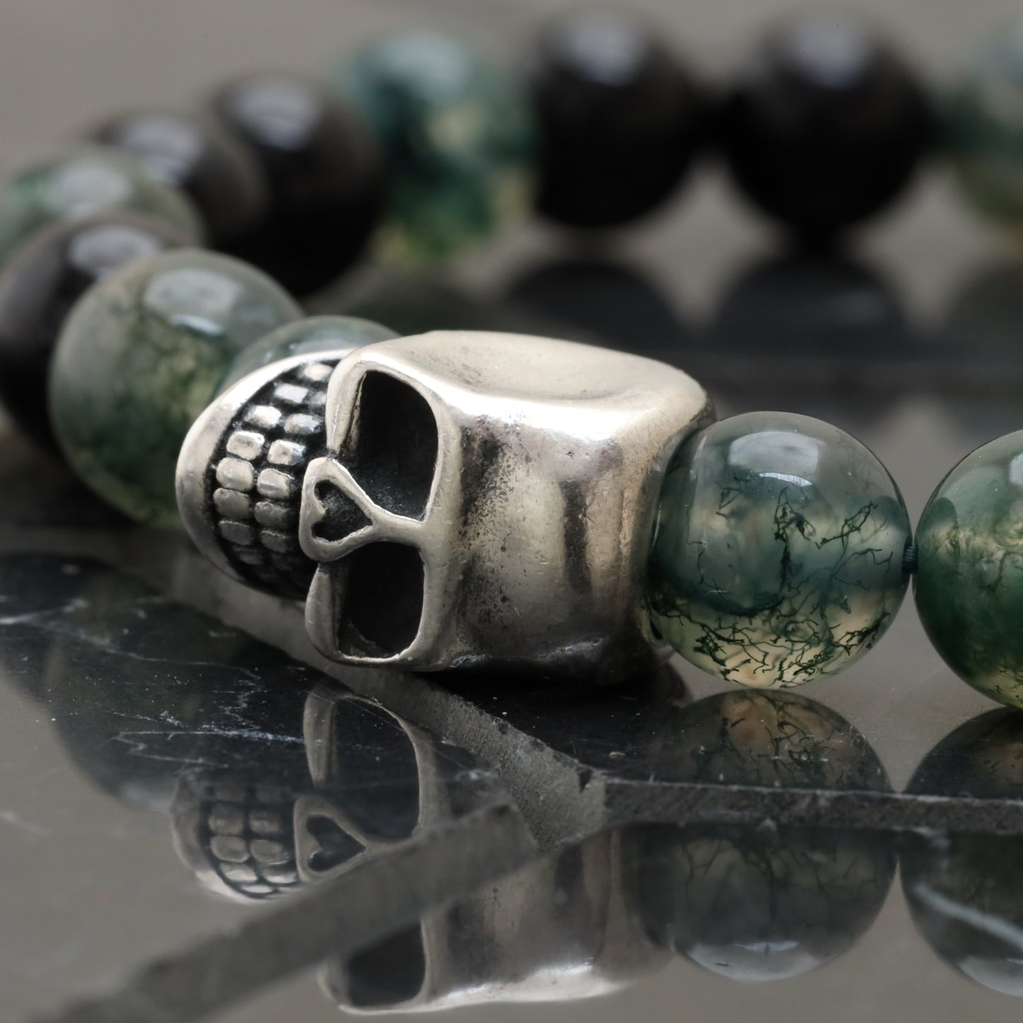 Big Skull Bracelet - 925 Sterling Silver toy with Moss Agate Class +AAA and Onyx Class +AAA -- LU201