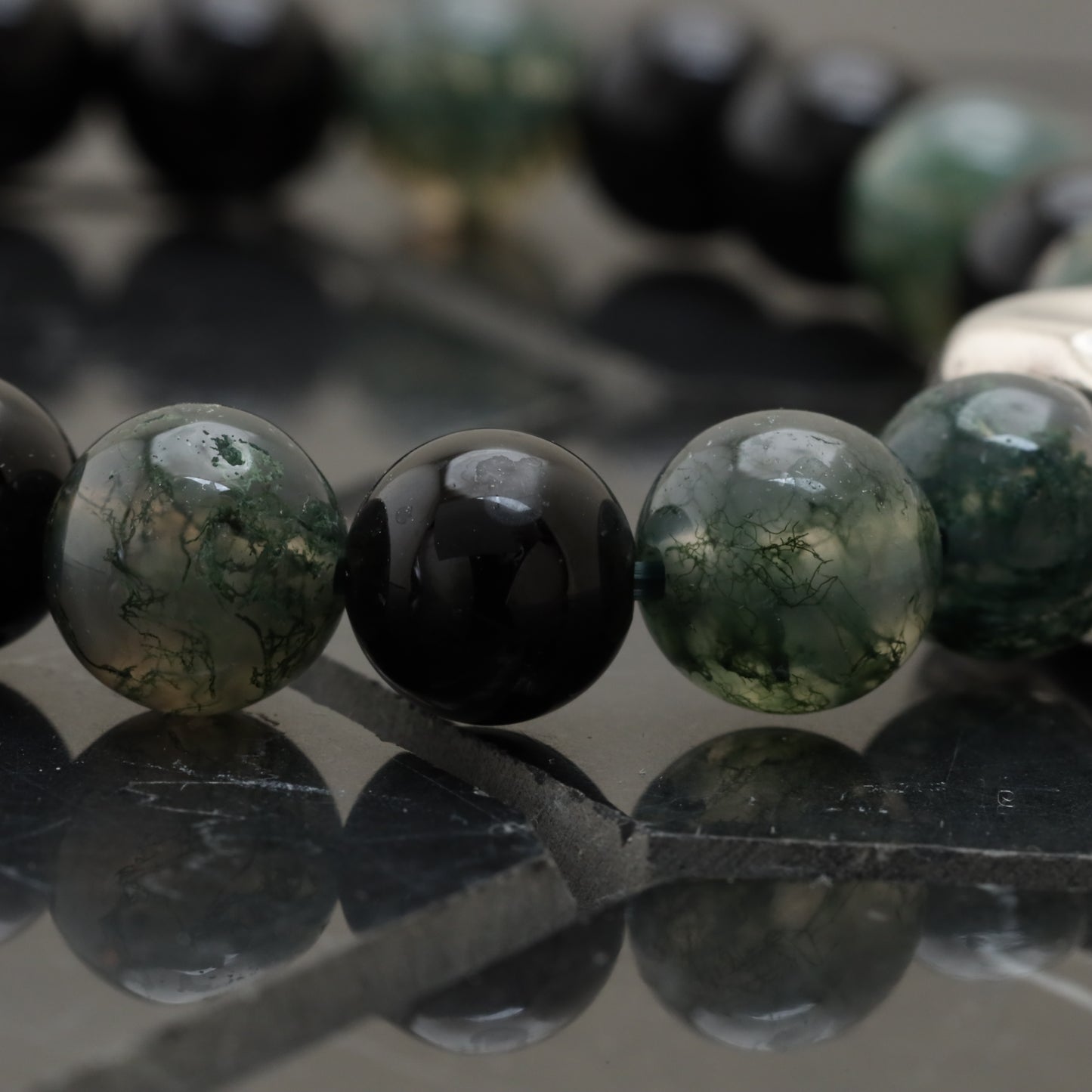 Big Skull Bracelet - 925 Sterling Silver toy with Moss Agate Class +AAA and Onyx Class +AAA -- LU201