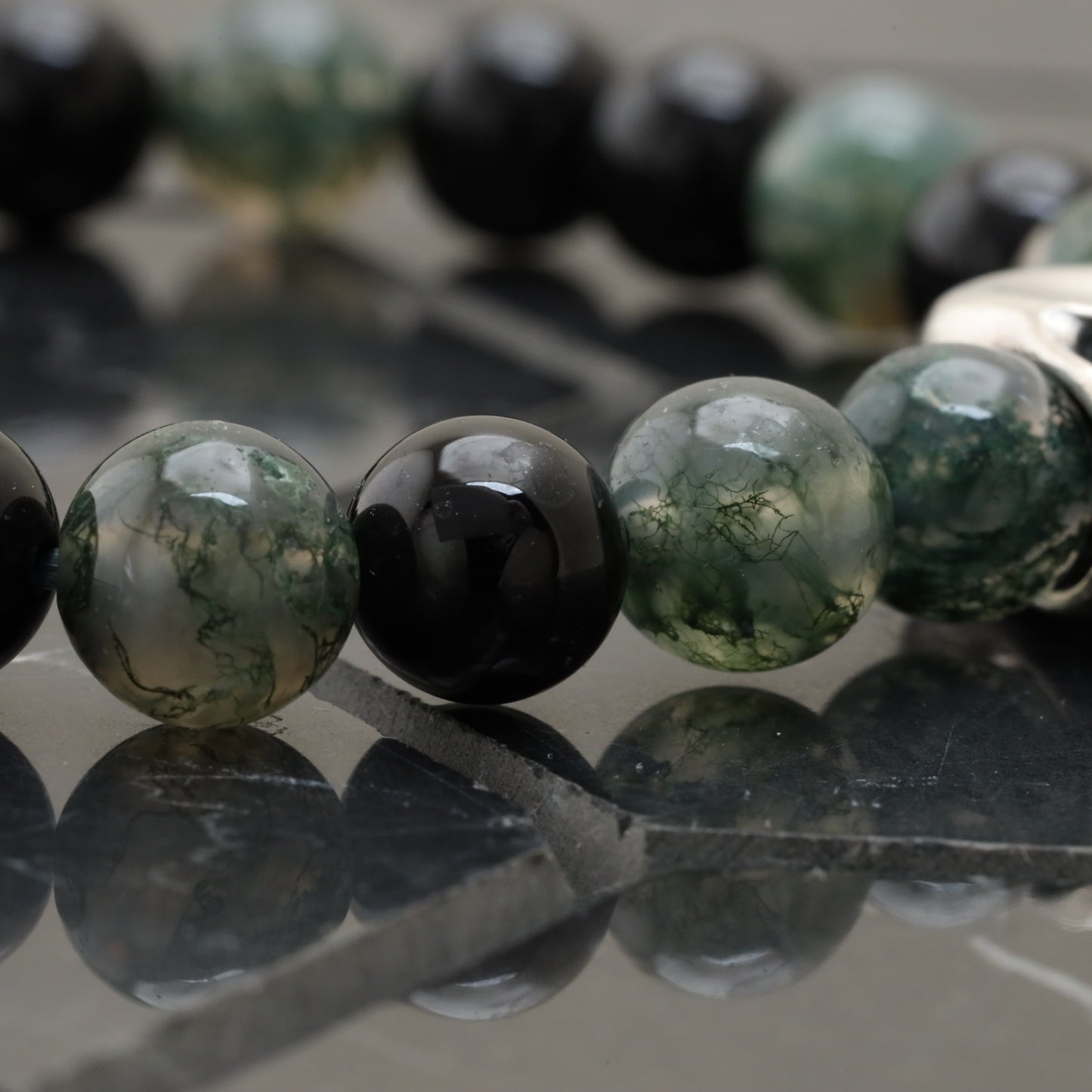 Big Skull Bracelet - 925 Sterling Silver toy with Moss Agate Class +AAA and Onyx Class +AAA -- LU201