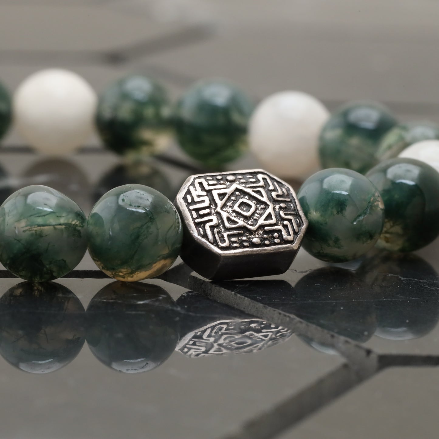 Squared Maze Bracelet - 925 Sterling Silver Toy - Moss Agate Class +AAA - Moon stone Gemstone -- LU202
