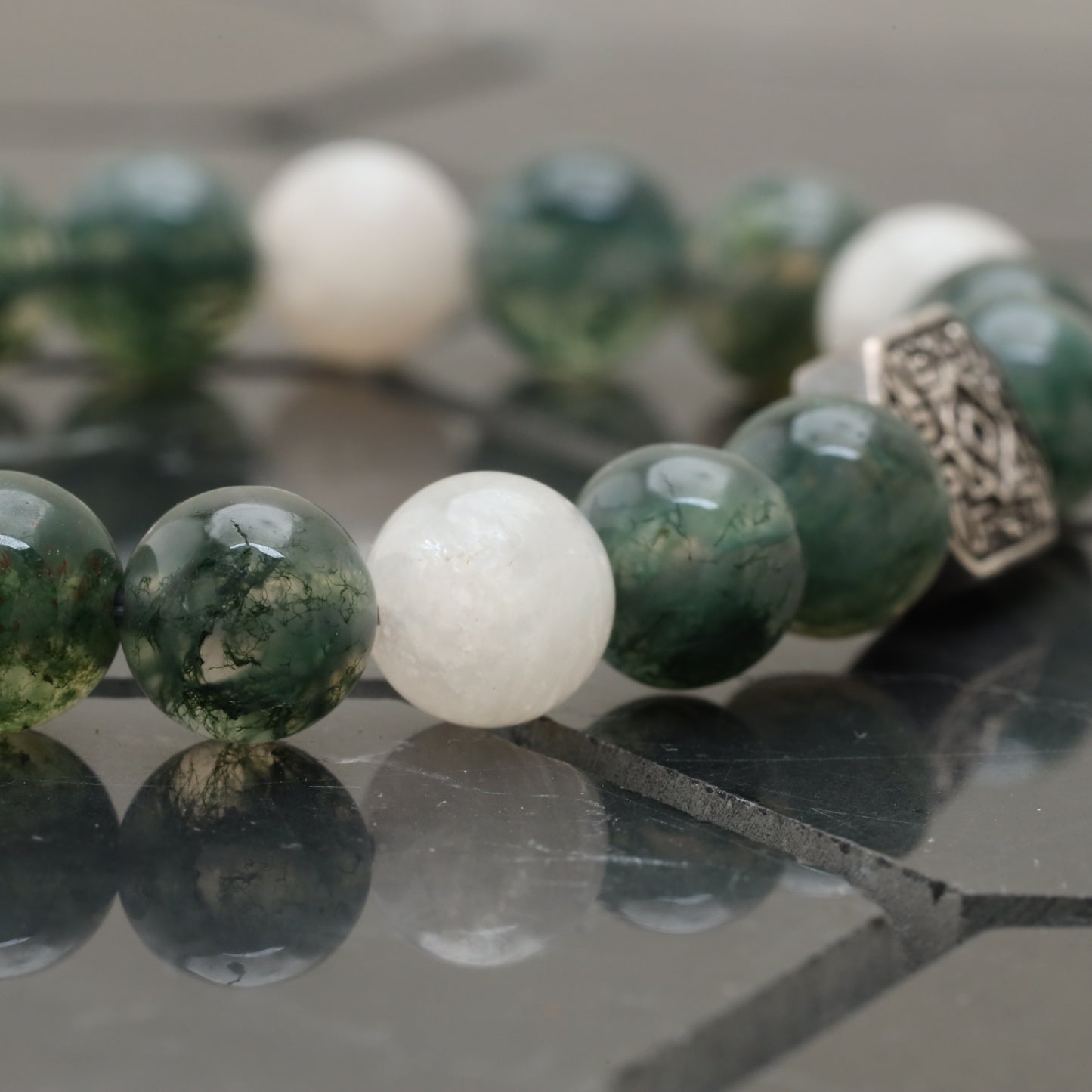 Squared Maze Bracelet - 925 Sterling Silver Toy - Moss Agate Class +AAA - Moon stone Gemstone -- LU202