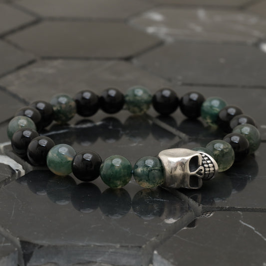 Big Skull Bracelet - 925 Sterling Silver toy with Moss Agate Class +AAA and Onyx Class +AAA -- LU201