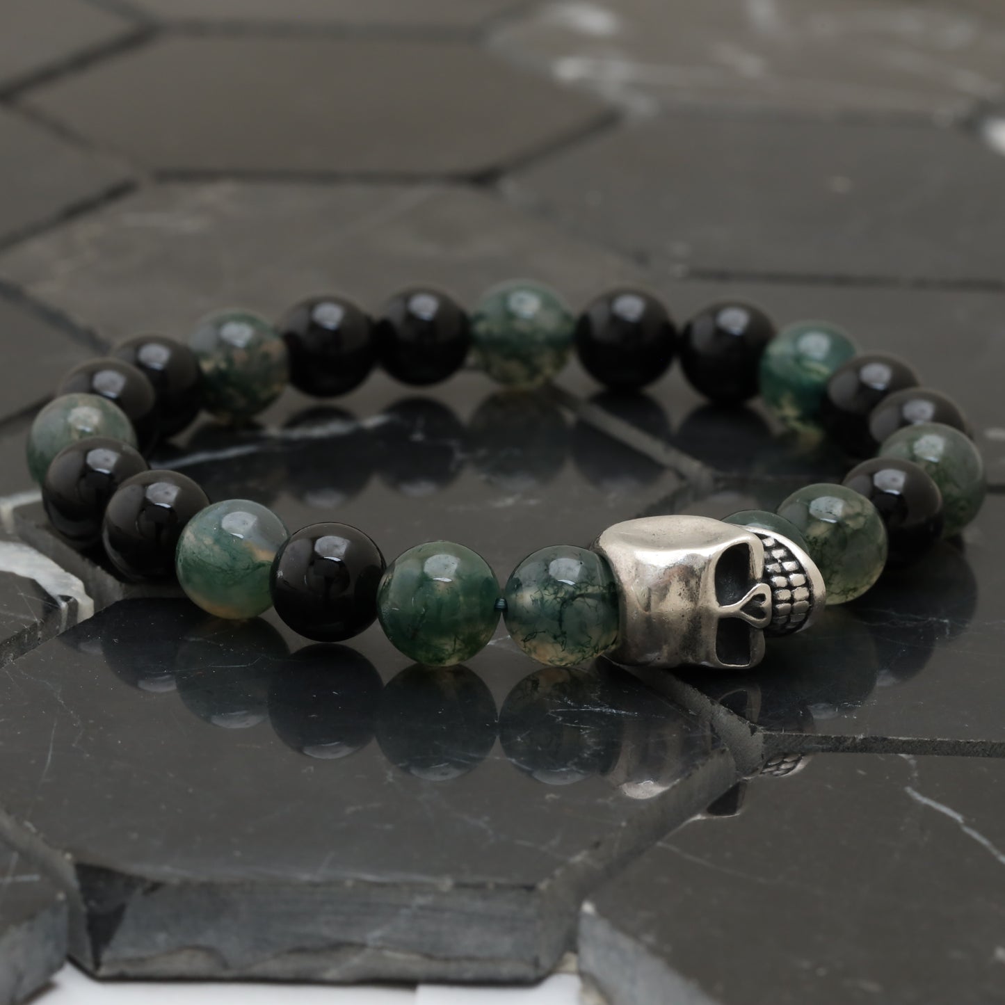 Big Skull Bracelet - 925 Sterling Silver toy with Moss Agate Class +AAA and Onyx Class +AAA -- LU201