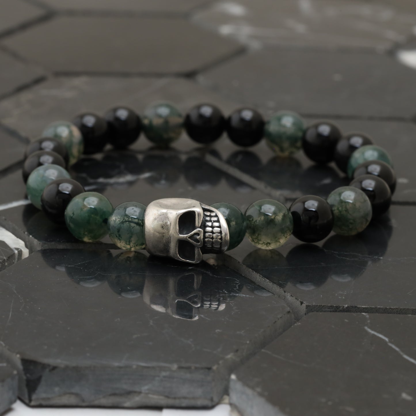 Big Skull Bracelet - 925 Sterling Silver toy with Moss Agate Class +AAA and Onyx Class +AAA -- LU201