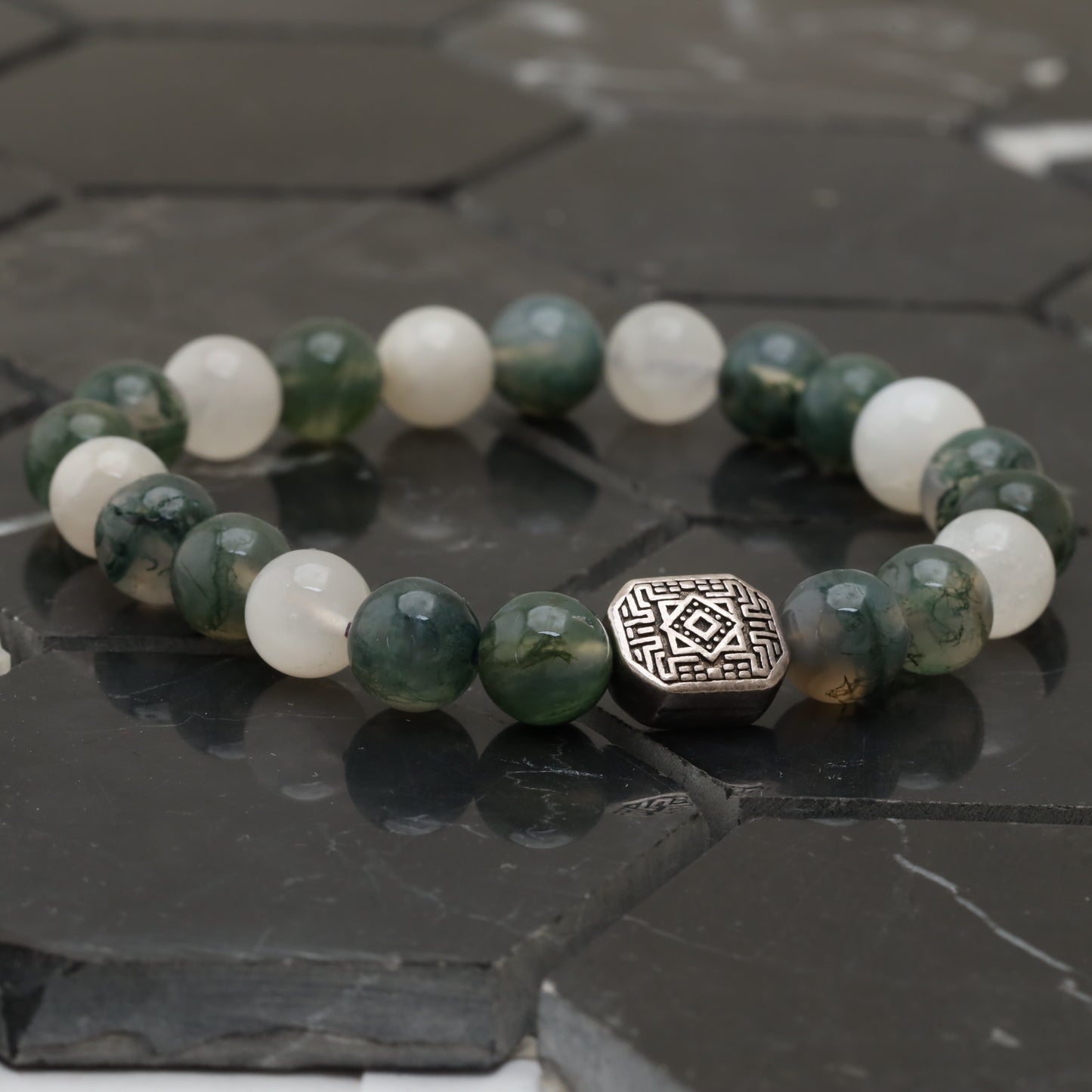 Squared Maze Bracelet - 925 Sterling Silver Toy - Moss Agate Class +AAA - Moon stone Gemstone -- LU202